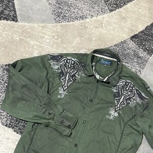 Roar Signature Embroidered  Shirt Men XL Green Wings Button Down Grunge Distress